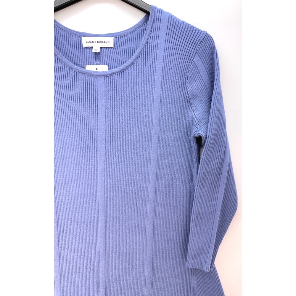 Lucky Brand Blue Ribbed Knit A Line Midi Dress Sz L Minimalist Costal Soft Girl - Picture 6 of 8
